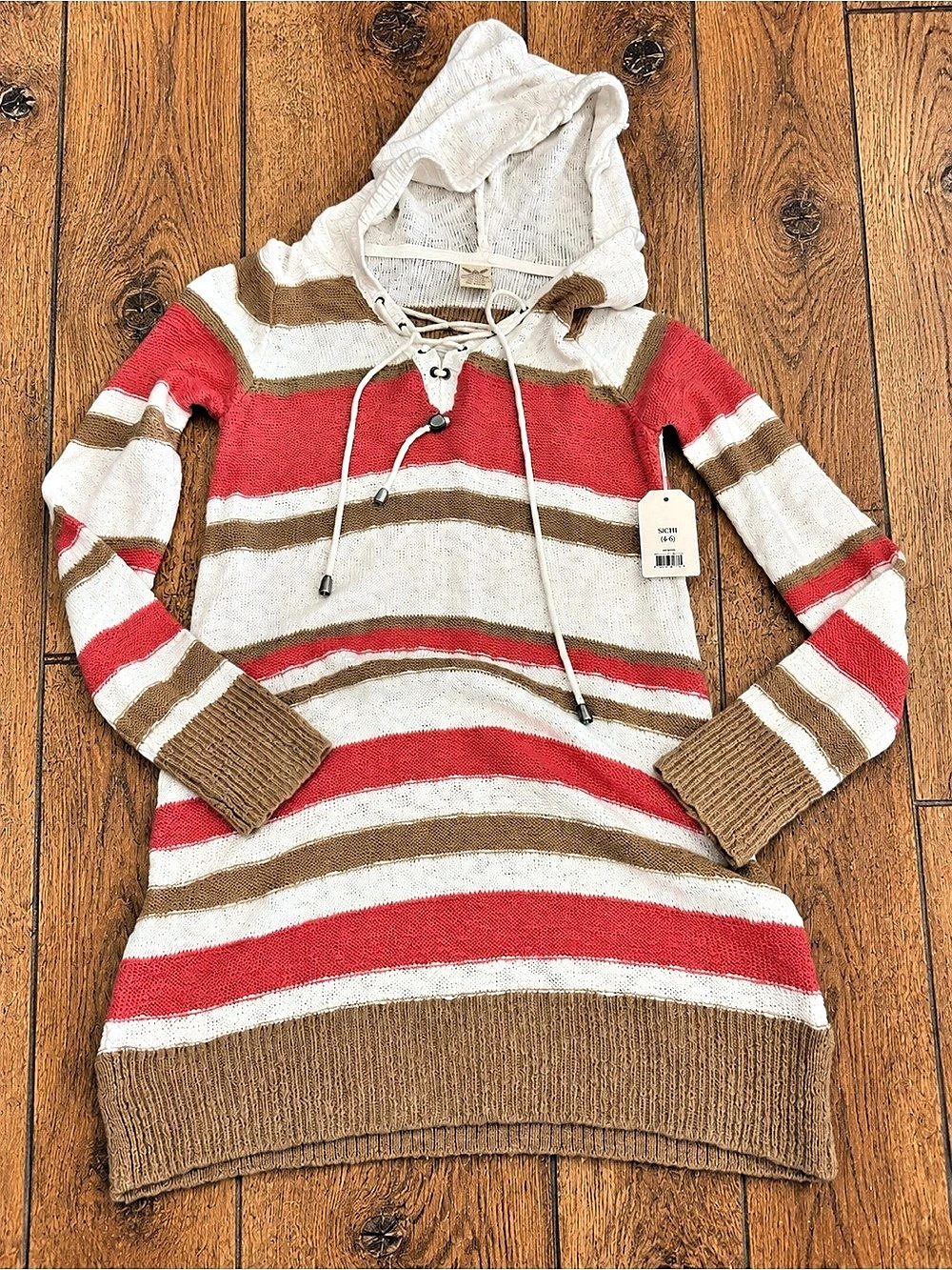 Striped Hooded Sweater Pink & Brown Size Small NWT